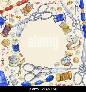 Runder Rahmen mit verschiedenen Vintage-Objekten zum Nähen, Basteln und Handarbeiten. Handbemalte Aquarellillustration isoliert auf gelbem Hintergrund Stockfoto