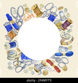 Runder Rahmen mit verschiedenen Vintage-Objekten zum Nähen, Basteln und Handarbeiten. Handbemalte Aquarellillustration isoliert auf gelbem Hintergrund Stockfoto