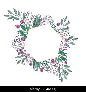 Postkarte florale Collage von Zweigen mit Blättern, kleinen Kleeblättern und farbigen Flecken Stockfoto