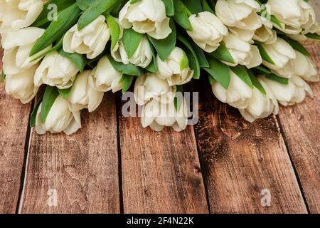 Weiße Tulpen auf Holzhintergrund, Nahaufnahme. Banner mit frischen Frühlingsblumen. Stockfoto