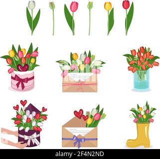 Ein Set aus Tulpen, Blumen in einer runden Schachtel, Vase und Umschlag Stock Vektor