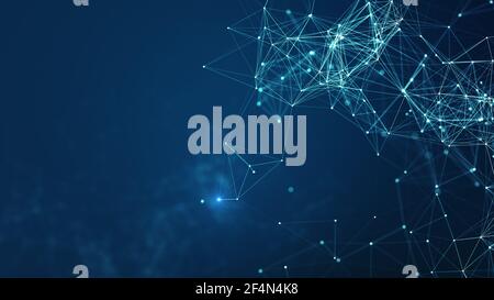 Technologiehintergrund. Abstrakte verbundene Punkte und Linien auf blauem Hintergrund. Kommunikations- und Technologie-Netzwerkkonzept mit beweglichen Linien und Punkten. Stockfoto