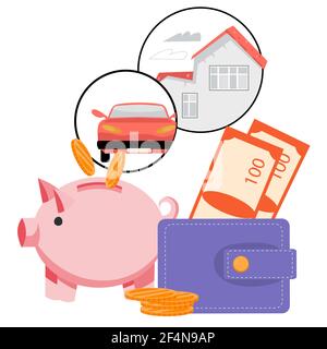 Sparschwein mit fallenden Münzen und Geldbörse. Symbol für Geldeinsparungen, Bankeinlage, Kredit-oder Hypothek, flache Vektor-Illustration isoliert auf weißen Backgr Stock Vektor
