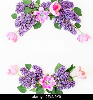 Rahmen aus Flieder und Tulpen Blumen auf weiß. Flach liegend, Draufsicht Stockfoto