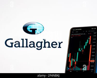 Ukraine. März 2021, 22nd. In dieser Abbildung werden die Börseninformationen von Arthur J. Gallagher & Co auf einem Smartphone mit dem Arthur J. Gallagher & Co Logo im Hintergrund angezeigt. (Foto von Igor Golovniov/SOPA Images/Sipa USA) Quelle: SIPA USA/Alamy Live News Stockfoto