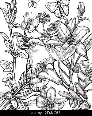 Lilienblumen. Hintergrunddarstellung. Handzeichnung Umriss. Blüte von Gartenpflanzen. Abstraktes Pflanzenbild. Vektor Stock Vektor