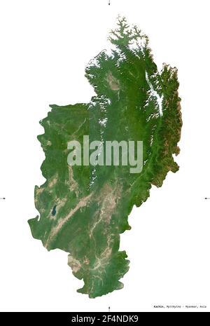 Kachin, Bundesstaat Myanmar. Sentinel-2 Satellitenbilder. Form isoliert auf weißem Volumenkörper. Beschreibung, Lage der Hauptstadt. Enthält modifizierte Coperni Stockfoto