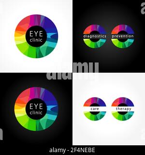 Eye clinic rundes Logo. Helle Glaslogotyp, Farbe Iris, Augenheilkunde diagnostische Gesundheitszentren und Krankenhäuser. Medizinisch, musikalisch Stock Vektor