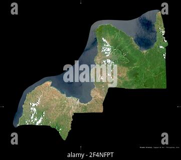 Misamis Oriental, Provinz Philippinen. Sentinel-2 Satellitenbilder. Form isoliert auf schwarz. Beschreibung, Lage der Hauptstadt. Enthält Modif Stockfoto
