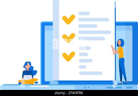 Personen füllen ein Formular, ein Bewerbungsformular, Online-Prüfung, Fragebogen, Online-Ausbildung, Umfrage, internet-Quiz. Stock Vektor