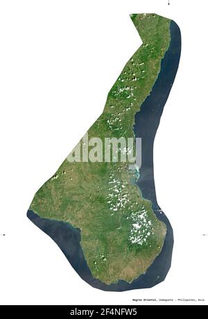 Negros Oriental, Provinz Philippinen. Sentinel-2 Satellitenbilder. Form isoliert auf weißem Volumenkörper. Beschreibung, Lage der Hauptstadt. Enthält Stockfoto
