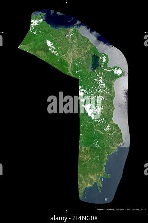 Oriental Mindoro, Provinz Philippinen. Sentinel-2 Satellitenbilder. Form isoliert auf schwarz. Beschreibung, Lage der Hauptstadt. Enthält Modif Stockfoto