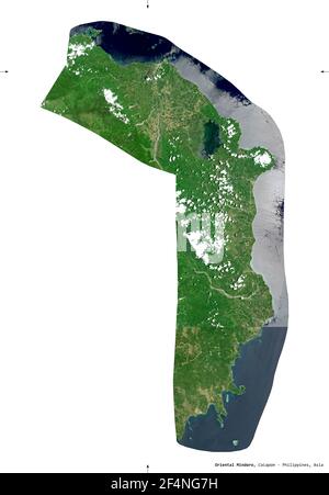 Oriental Mindoro, Provinz Philippinen. Sentinel-2 Satellitenbilder. Form isoliert auf weißem Volumenkörper. Beschreibung, Lage der Hauptstadt. Enthält Stockfoto