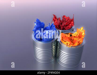 Farbexplosion von Farbdosen. 3D Rendern Stockfoto