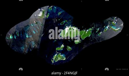 Sulu, Provinz Philippinen. Sentinel-2 Satellitenbilder. Form isoliert auf schwarz. Beschreibung, Lage der Hauptstadt. Enthält modifiziertes Copernic Stockfoto