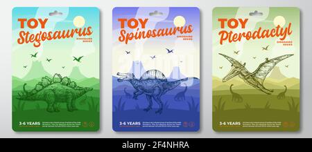 Vorlagenausatz Für Dinosaurier-Etiketten. Abstrakt Vektor Spielzeug Verpackung Design Layouts Sammlung. Moderne Typografie mit prähistorischer Vulkanlandschaft und Hand Stock Vektor