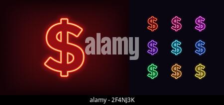 Neon-Dollar-Symbol. Leuchtende Neon Dollar-Zeichen, umreißen Geld-Symbol in lebendigen Farben. Online-Banking und Investitionen, Geldwechsel. Symbolsatz, Zeichen, si Stock Vektor