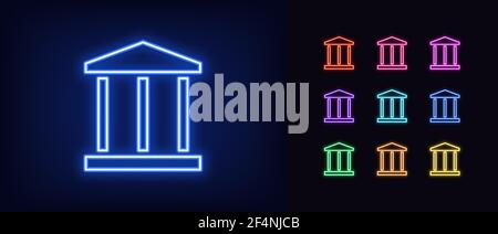 Neon Bank Gebäude Ikone. Leuchtende Neon Bank Zeichen, umreißen Regierung oder Gerichtsgebäude Symbol in lebendigen Farben. Online-Banking und Investitionen, Zentralbank. Stock Vektor