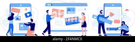 Das Konzept der Entwicklung von Websites und mobilen Anwendungen. Vektorgrafik. Social Media Grafikdesign. Landing-Page-Vorlage von Mann und Frau entworfen. Flacher Style Stock Vektor