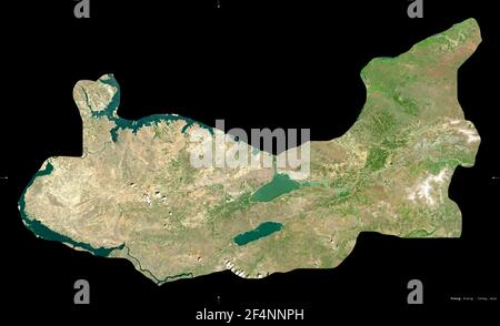 Elazg, Provinz Türkei. Sentinel-2 Satellitenbilder. Form isoliert auf schwarz. Beschreibung, Lage der Hauptstadt. Enthält modifizierten Copernicus S Stockfoto