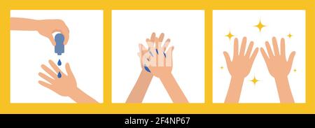 Hände waschen mit antiseptischen Produkten. Prävention von Viren, Keimen und Infektionen. Sauberkeitskonzept. Stock Vektor