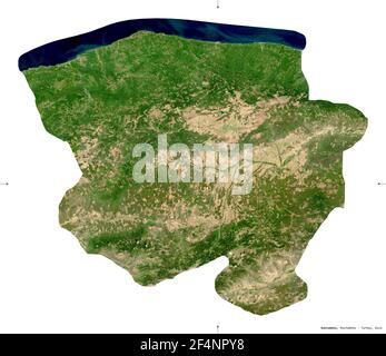 Kastamonu, Provinz Türkei. Sentinel-2 Satellitenbilder. Form isoliert auf weiß. Beschreibung, Lage der Hauptstadt. Enthält modifiziertes Copernic Stockfoto