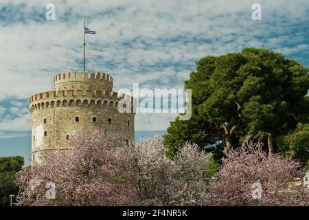 Thessaloniki der Weiße Turm an einem Frühlingstag gegen blauen Himmel mit Wolken. Wahrzeichen der Stadt mit griechischer Flagge, die auf den blühenden Kirschblütenbäumen winkt. Stockfoto