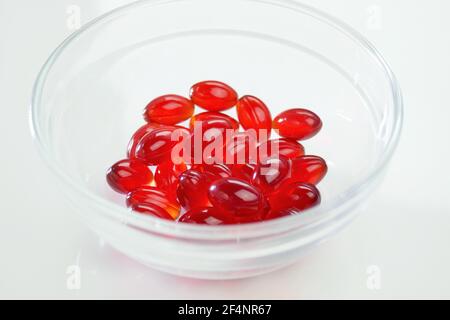 Krillöl-Kapseln. Rote Gelatine Kapseln mit Krillöl in einer Glasschale auf weißem Hintergrund.Quelle von Omega-Fettsäuren.Nahrungsergänzungsmittel.gesund Stockfoto