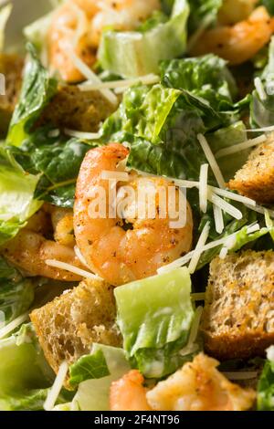 Hausgemachter Shrimp Caesar Salat mit Romaine und Croutons Stockfoto