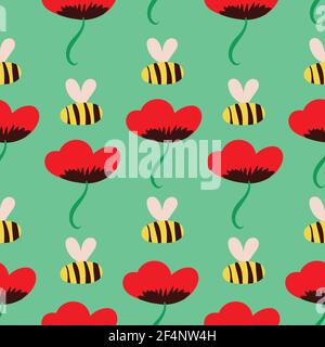 Helle Mohnblumen und Bienen nahtlose Vektor-Muster Stock Vektor