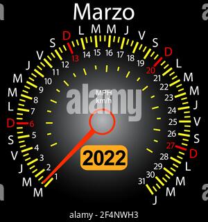 2022 Jahre Kalender Tachometer Auto in Spanisch März. Stock Vektor