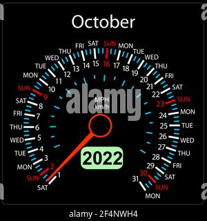 Die 2022 Jahre Kalender Tachometer ein Auto Oktober. Stock Vektor