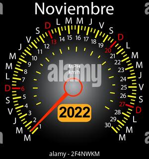 2022 Jahre Kalender Tachometer Auto in Spanisch November. Stock Vektor