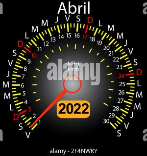 2022 Jahre Kalender Tachometer Auto in Spanisch April. Stock Vektor
