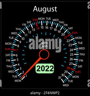 Die 2022 Jahre Kalender Tachometer ein Auto August. Stock Vektor