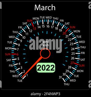 Die 2022 Jahre Kalender Tachometer ein Auto März. Stock Vektor