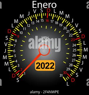2022 Jahre Kalender Tachometer Auto in Spanisch Januar. Stock Vektor