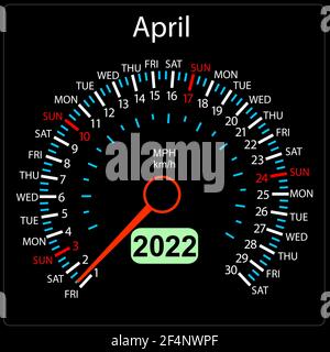 Die 2022 Jahre Kalender Tachometer ein Auto April. Stock Vektor