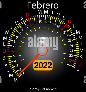 2022year Kalender Tachometer Auto auf Spanisch Februar. Stock Vektor