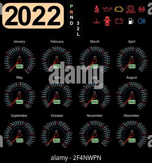 Kalender 2022 Jahr aus dem Auto Armaturenbrett Tacho. Stock Vektor