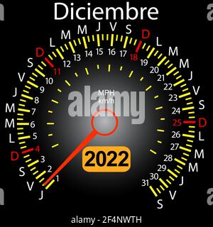 2022 Jahre Kalender Tachometer Auto in Spanisch Dezember. Stock Vektor