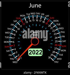 Die 2022 Jahre Kalender Tachometer ein Auto Juni. Stock Vektor