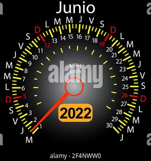 2022 Jahre Kalender Tachometer Auto in Spanisch Juni. Stock Vektor