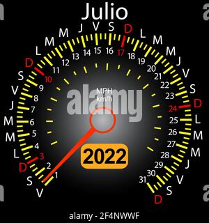 2022 Jahre Kalender Tachometer Auto in Spanisch Juli. Stock Vektor