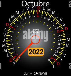 2022 Jahre Kalender Tachometer Auto in Spanisch Oktober. Stock Vektor
