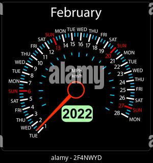 Die 2022 Jahre Kalender Tachometer ein Auto Februar. Stock Vektor