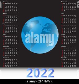 Kalender 2022 mit einer Kugel am schwarzen Himmel. Stock Vektor