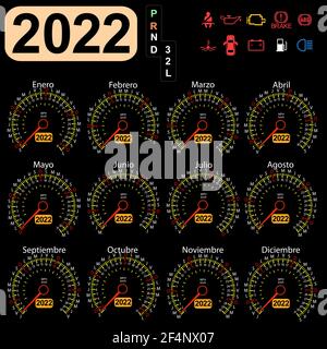 2022 Jahr ein Kalender Tachometer Auto in Spanisch. Stock Vektor