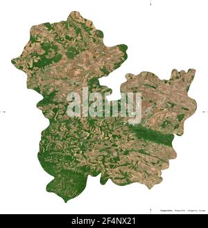 Targovischte, Provinz Bulgarien. Sentinel-2 Satellitenbilder. Form isoliert auf weiß. Beschreibung, Lage der Hauptstadt. Enthält modifizierte Cope Stockfoto