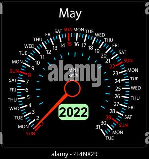 Die 2022 Jahre Kalender Tachometer ein Auto Mai. Stock Vektor